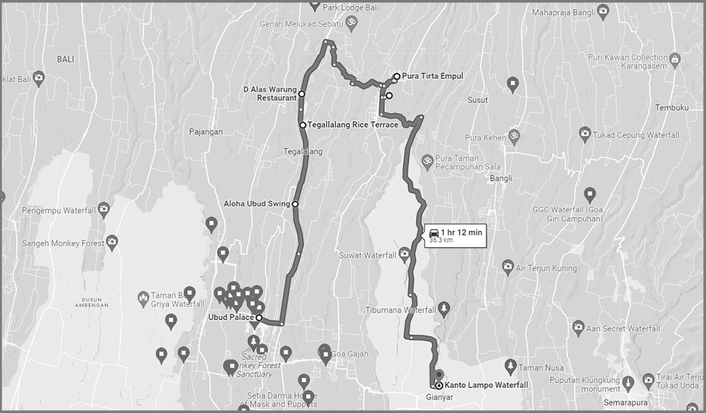 Bali Tour Map of Tellagalang Rice Terraces and temples