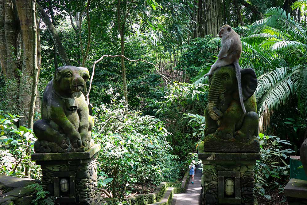 Monkey sitting on elephant statue in Sanctuary in Ubud Bali