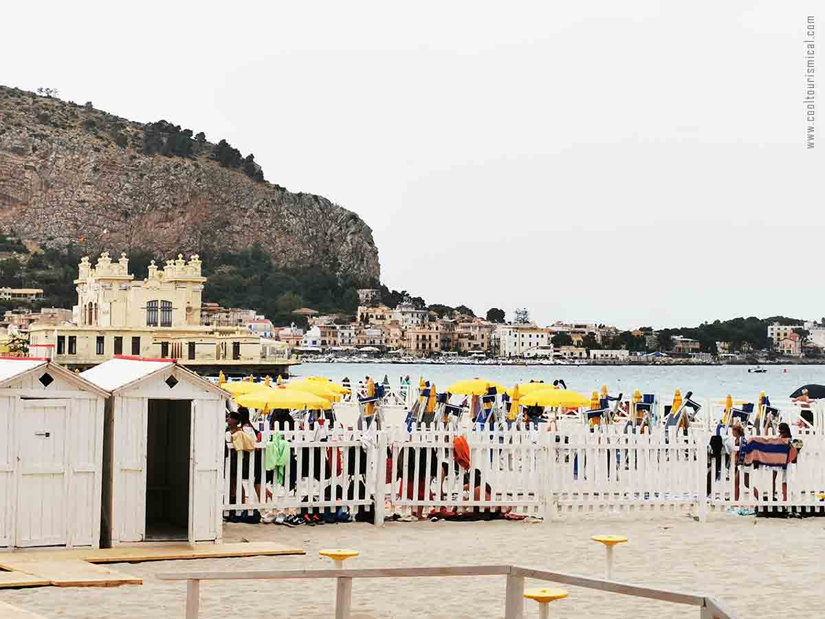 Mondello Beach with Mount Gallo in the backdrop perfect for a day trip from Palermo