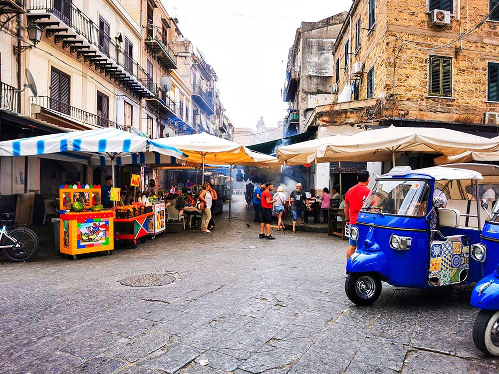 The atmosphere in Ballaro Ancient Market Palermo in Albergheria District, Sicily, Italy