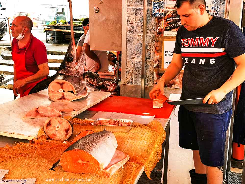 fresh Salmon fish shopping in Capo Market Palermo