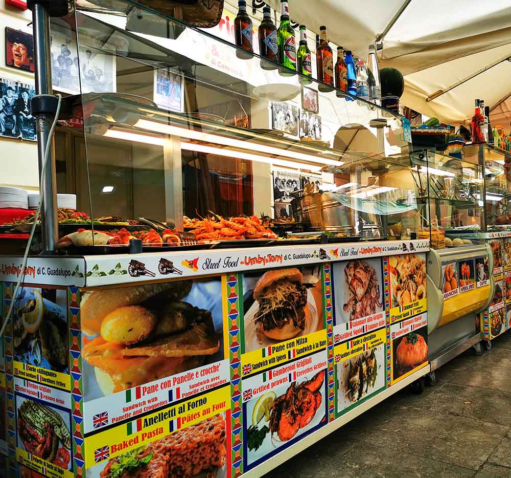 Traditional Panineria Friggitoria selling street food in Ballaro Market Palermo