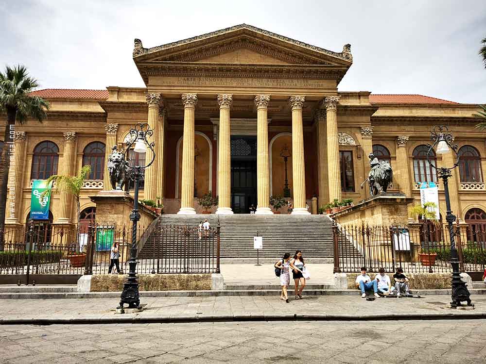 Teatro Massimo next to Ancient Food Market Capo, in Palermo, Sicily, Italy