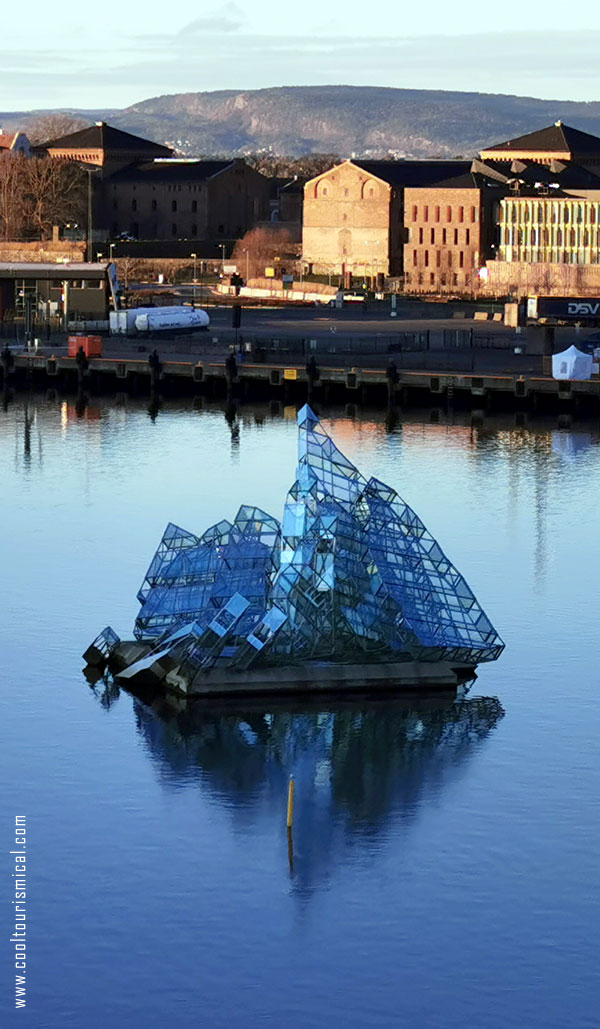 Fjord and art installation in front of Oslo Opera House